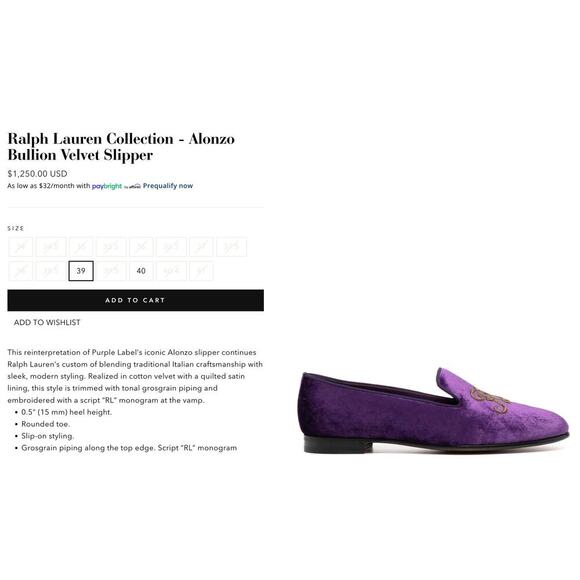 Ralph Lauren Purple Label Alonzo Velvet Slippers 39B Italy main image 9